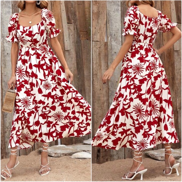 Boho Red Floral Print Puff Sleeve Midi Dress Cottagecore - Picture 2 of 4